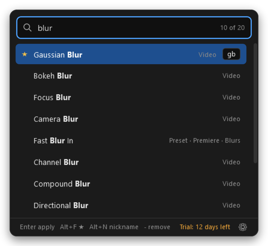 The Effector pop-up searching for blur, with Gaussian Blur starred